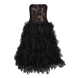 Tadashi Shoji Black Tulle Embroidered Faux Feather Strapless Dress M