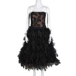 Tadashi Shoji Black Tulle Embroidered Faux Feather Strapless Dress M