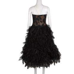 Tadashi Shoji Black Tulle Embroidered Faux Feather Strapless Dress M
