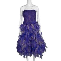 Tadashi Shoji Purple and Begie Tulle Embroidered Faux Feather Strapless Dress M