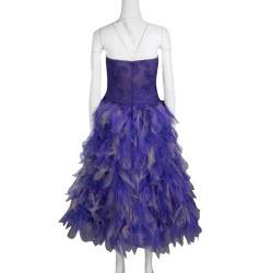 Tadashi Shoji Purple and Begie Tulle Embroidered Faux Feather Strapless Dress M