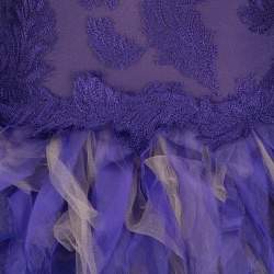 Tadashi Shoji Purple and Begie Tulle Embroidered Faux Feather Strapless Dress M