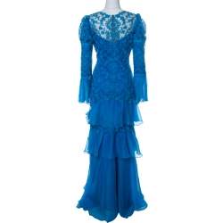 مملوكة مسبقًا Tadashi Shoji Blue Chiffon & Lace Tiered Moreau Gown L