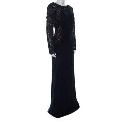 Tadashi Shoji Navy Blue Lace Detail Long Sleeve Kinglet Gown L