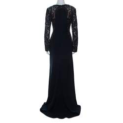 Tadashi Shoji Navy Blue Lace Detail Long Sleeve Kinglet Gown L