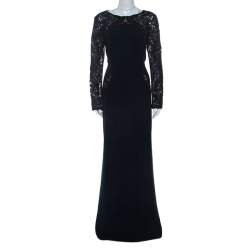 Tadashi Shoji Navy Blue Lace Detail Long Sleeve Kinglet Gown L