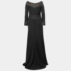 Pre Owned Tadashi Shoji Black Crepe and Lace Off-Shoulder Gown L