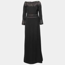 Pre Owned Tadashi Shoji Black Crepe and Lace Off-Shoulder Gown L