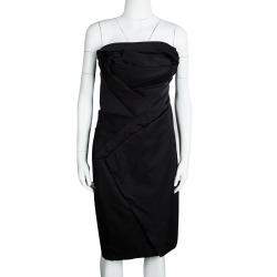 Tadashi Shoji Black Silk Asymmetric Pleat Detail Strapless Dress M