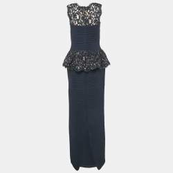 Pre Owned Tadashi Shoji Navy Blue Jersey Sleeveless Lace Trimmed Gown S