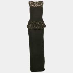 Tadashi Shoji Black Lace and Pleated Jersey Peplum Sleeveless Gown M