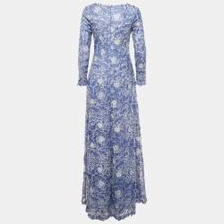 Pre Owned Tadashi Shoji Blue Embroidered Long Sleeve Maxi Dress S