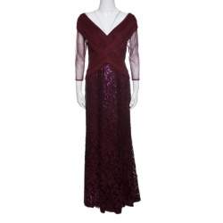 Tadashi Shoji Burgundy Tulle Woven Bodice Sequined Gown S