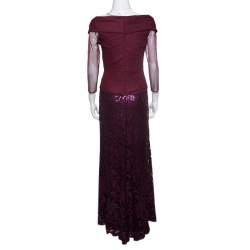 Tadashi Shoji Burgundy Tulle Woven Bodice Sequined Gown S