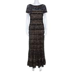Tadashi Shoji Black Lace Paneled Overlay Sheer Yoke Gown M