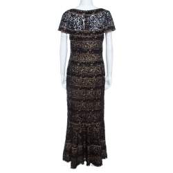 Tadashi Shoji Black Lace Paneled Overlay Sheer Yoke Gown M