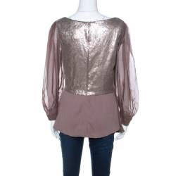 Tadashi Shoji Champagne Stretch Knit Sequined Inlay Draped Sheer Sleeve Top M