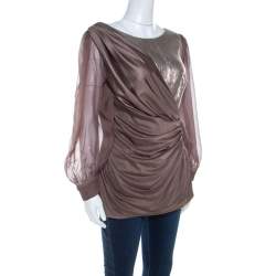 Tadashi Shoji Champagne Stretch Knit Sequined Inlay Draped Sheer Sleeve Top M