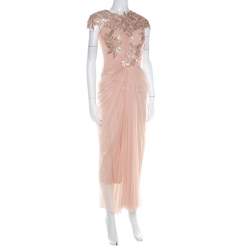 Tadashi Shoji Beige Lace and Tulle Sequined Gown S