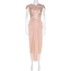 Tadashi Shoji Beige Lace and Tulle Sequined Gown S