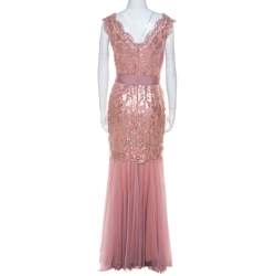 Tadashi Shoji Dusty Rose Sequin Embellished Scalloped Lace Detail Tulle Gown M