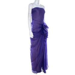 Pre Owned Tadashi Shoji Purple Tulle Ruched Bow Detail Strapless Cocktail Dress M