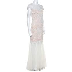 Tadashi Shoji White Crochet and Tulle Fishtail Gown M