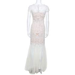 Tadashi Shoji White Crochet and Tulle Fishtail Gown M