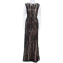 مملوكة مسبقًا Tadashi Shoji Black Mesh Sequinned Sleeveless Gown L