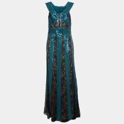 Tadashi Shoji Black/Green Lace and Sequin Rhea Stripe Gown L