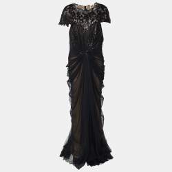 Tadashi Shoji Black Sequin Embellished Tulle & Lace Gathered Waist Gown XL