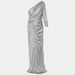 Tadashi Shoji Silver Knit Draped One  Shoulder Gown L