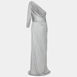 Tadashi Shoji Silver Knit Draped One  Shoulder Gown L