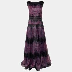 Tadashi Shoji Black & Purple Paisley Printed Gazar Gown L