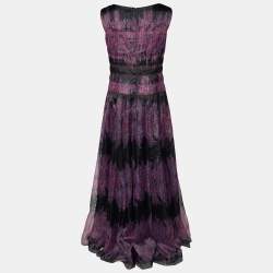 Tadashi Shoji Black & Purple Paisley Printed Gazar Gown L