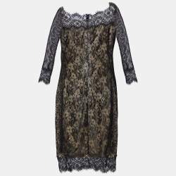 Pre Owned Tadashi Shoji Black Lace Long Sleeve Sheath Dress L