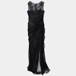 Tadashi Shoji Black Embellished Tulle Draped Gown L