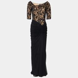 Pre Owned Tadashi Shoji Black Lace & Ruched Tulle Gown M