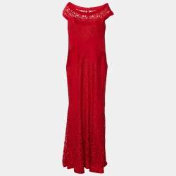 Pre Owned Tadashi Shoji Red Lace & Pintuck Jersey Paneled Gown XL
