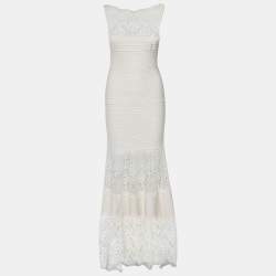 Pre Owned Tadashi Shoji Cream Lace & Pintuck Jersey Fitted Gown XS