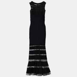 Pre Owned Tadashi Shoji Black Pintuck Jersey Sleeveless Gown L