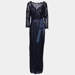 Pre Owned Tadashi Shoji Navy Blue Sequin Embellished Lace Belted Boat Neck Gown L