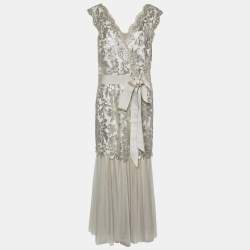 Tadashi Shoji Silver Grey Sequin Embellished Lace & Tulle Belted Gown L