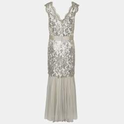 Tadashi Shoji Silver Grey Sequin Embellished Lace & Tulle Belted Gown L