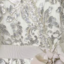 Tadashi Shoji Silver Grey Sequin Embellished Lace & Tulle Belted Gown L