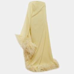Taller Marmo Pastel Yellow Crepe Feather Trimmed Asymmetric Maxi Dress S