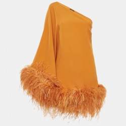 Taller Marmo Orange Feather Trim Crepe Piccolo Ubud One-Shoulder Mini Dress M