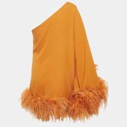 Taller Marmo Orange Feather Trim Crepe Piccolo Ubud One-Shoulder Mini Dress M