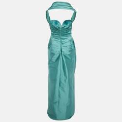 Pre Owned Tarik Ediz Mint Green Taffeta Off-Shoulder Draped Maria Elbise Maxi Dress L