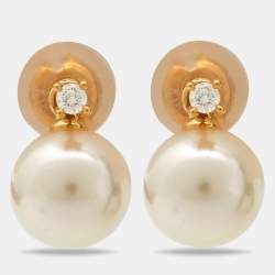 Tasaki Diamonds Cultured Pearl 18k Yellow Gold Earrings